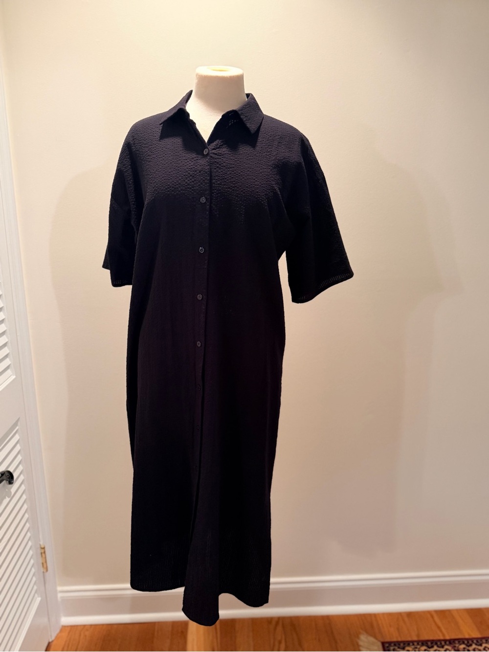 Eileen Fisher Black Midi Button-Front Shirt Dress